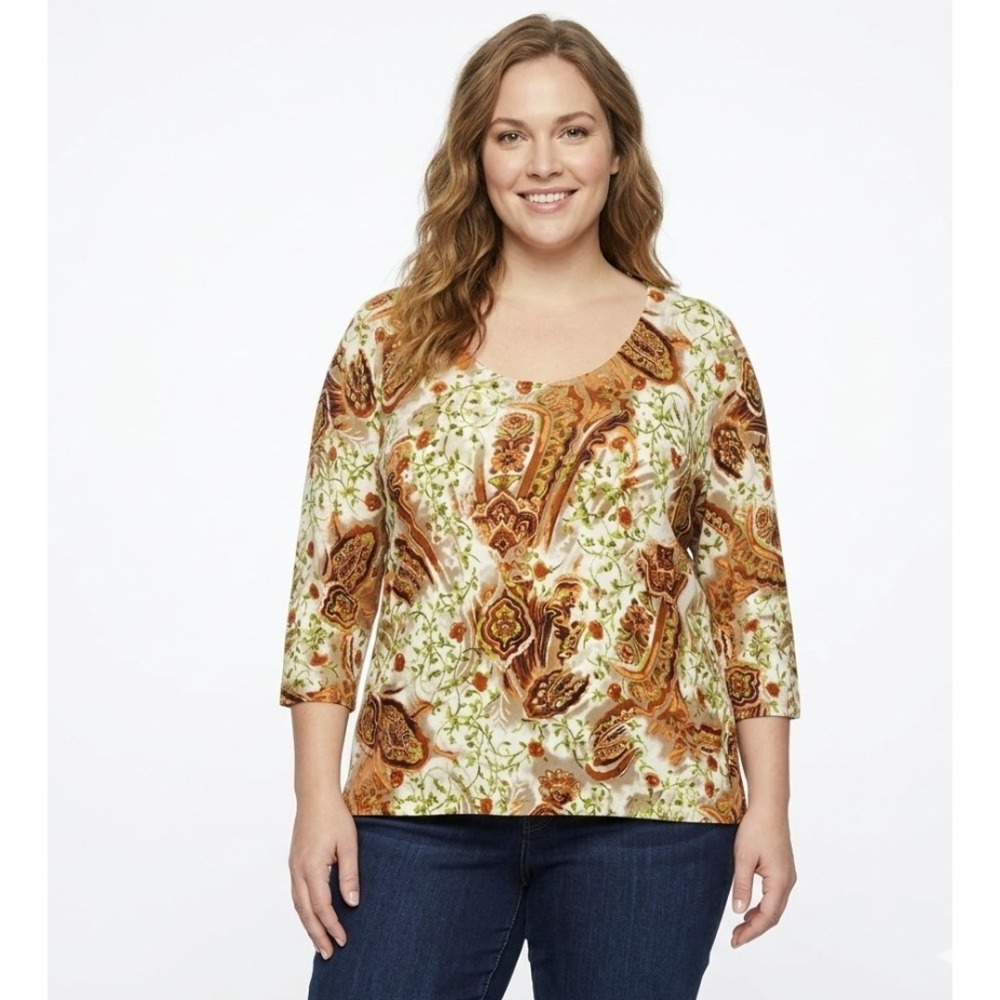Peck & Peck size 2X Brown Green Ditsy Floral Feminine Stretch 3/4 Sleeve Top‎